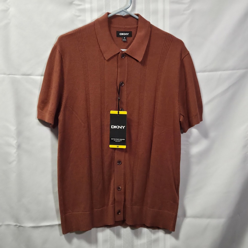 DKNY Button Front Sweater Mens M Orange Knit Polo Short Sleeve DK16SR2512C